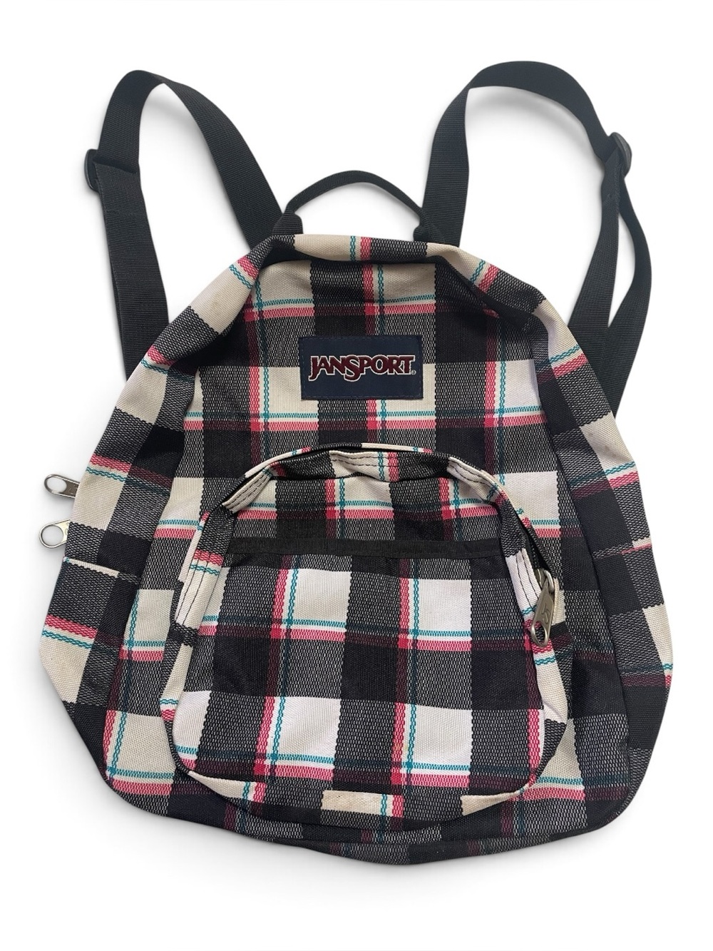 Jansport Half Pint Black Plaid Backpack with White and Pink Accents